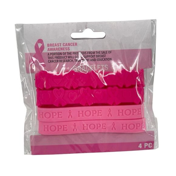 Breast Cancer Awareness Pink Silicone Bracelets 4 Pack HOPE Ribbon New - Picture 6 of 6